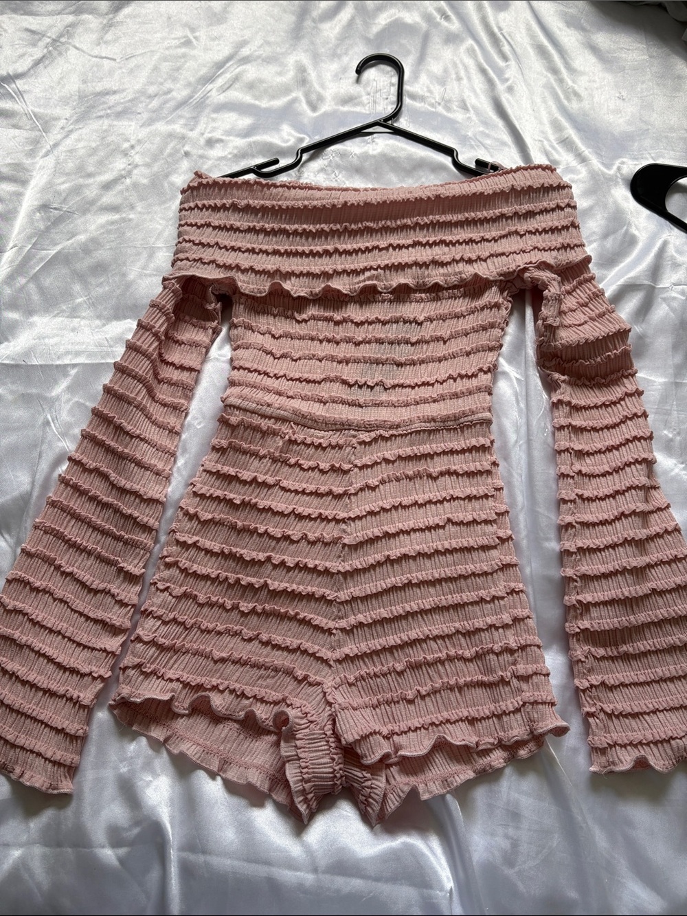 Fashion Nova Blush Pink Off-the-Shoulder Ruffled Knit Romper